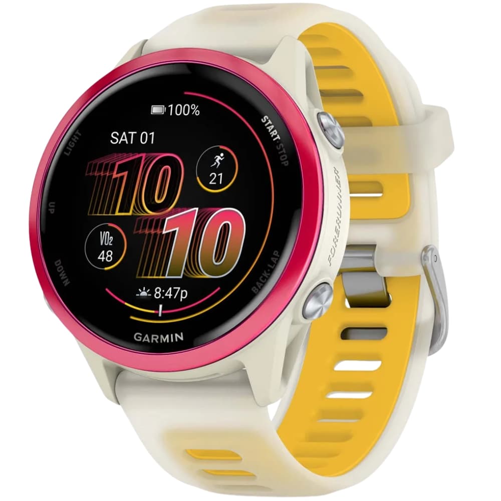 Relógio GPS Garmin Forerunner 570 42mm 010-02970-02 - Raspberry Aluminum/Translucent Bone/Mango Band