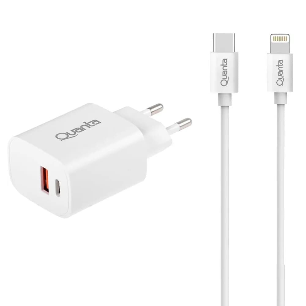 Carregador de Parede Quanta QTCACR2 USB-A/USB-C 20W + Cabo USB-C/Lightning QTCTL70 (1m) - White