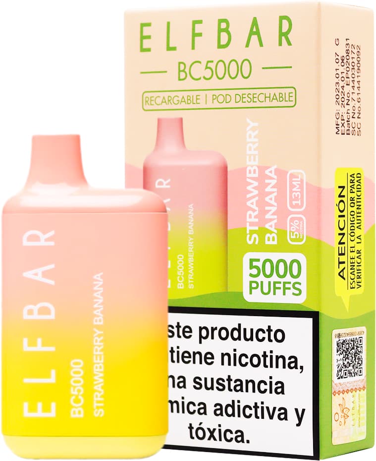 Vaper Pod Descartável Elfbar BC5000 5% Nicotina 5000 Puffs - Strawberry Banana