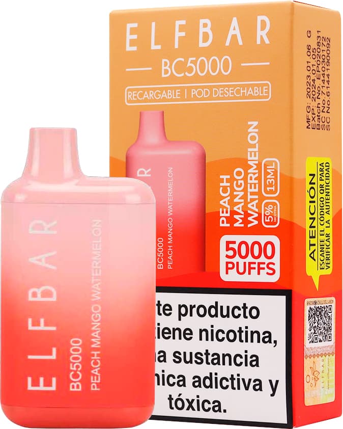 Vaper Pod Descartável Elfbar BC5000 5% Nicotina 5000 Puffs - Peach Mango Watermelon