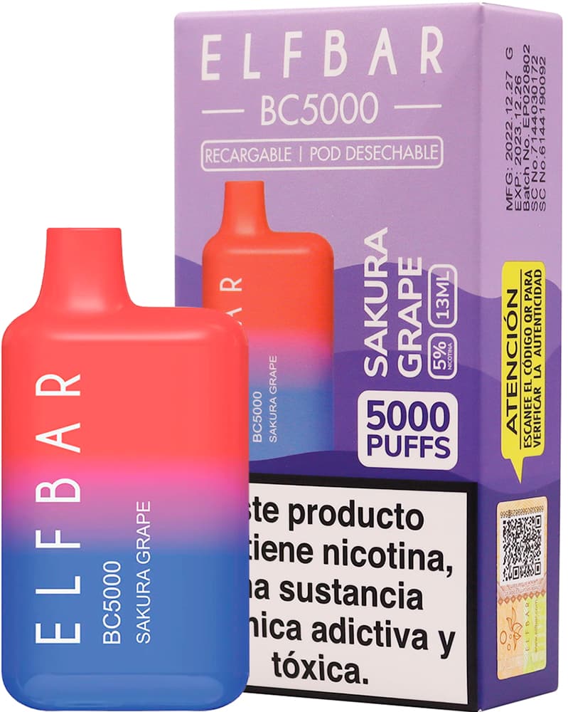 Vaper Pod Descartável Elfbar BC5000 5% Nicotina 5000 Puffs - Sakura Grape