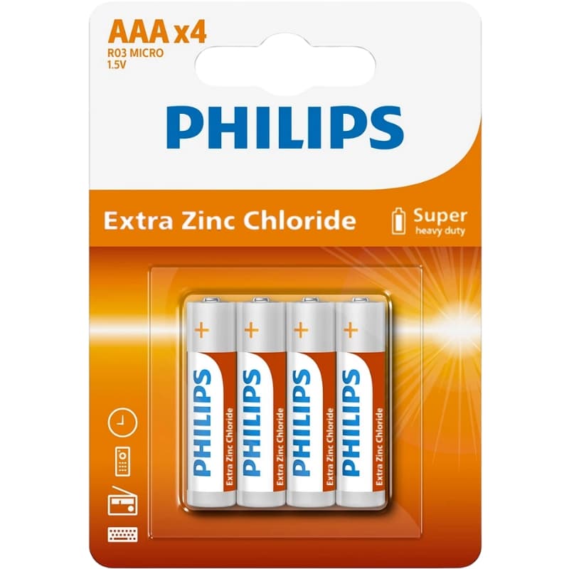 Pilha Philips AAA Extra Zinc Chloride R03L4B/70 (4 Unidades)