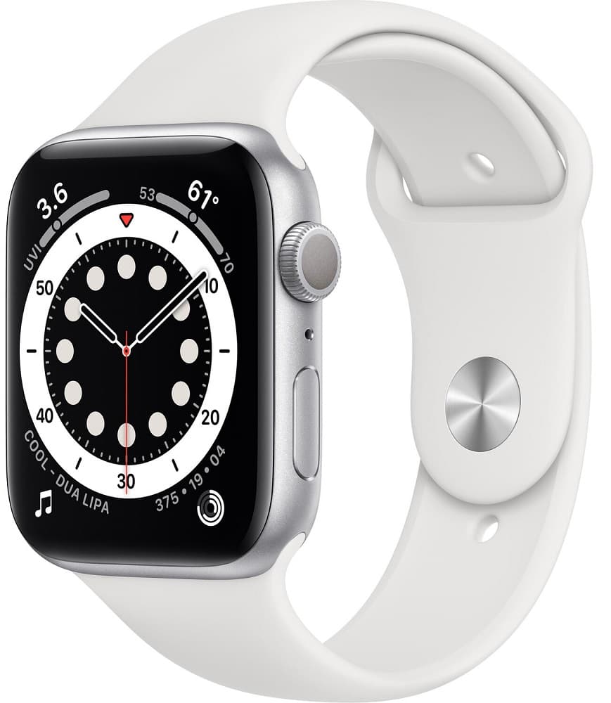 Apple Watch Series 6 44mm M00D3LL/A Silver/White Sport Band